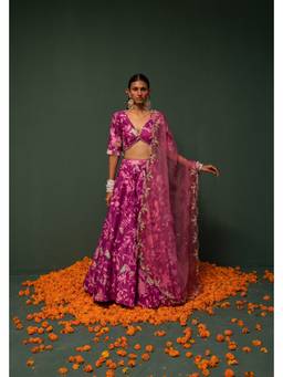 Chrkha - Masakali- Magenta Printed Lehenga and Dupatta with Blouse