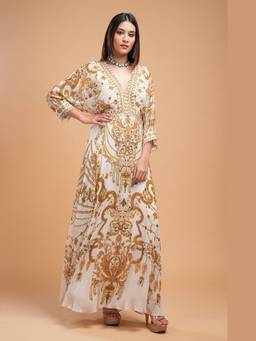 Nirraamyaa - Beige V-Neck Ethnic Long Dress