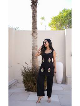 Gulabo Jaipur - Black Sleeveless Flower Boota Cotton Kurti With Pant