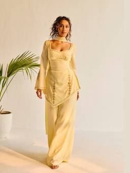 Saanjh by Lea - Geet Yellow Embroidered Y2K Kurta With Palazzo And Dupatta