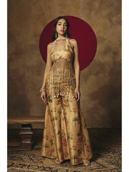 Saanjh by Lea - Mira Yellow Embroidered Tissue Tassel Kurta With Sharara And Dupatta