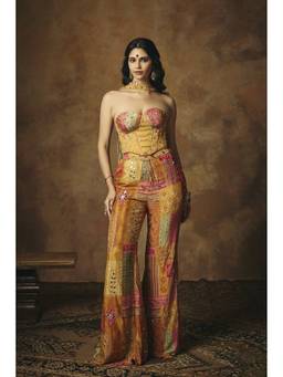 Saanjh by Lea - Vasumati Multi Colour Print Embroidered Corset Top With Palazzo