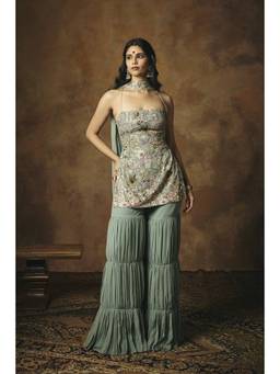 Saanjh by Lea - Indu Blue Embroidered Kurta With Sharara And Dupatta