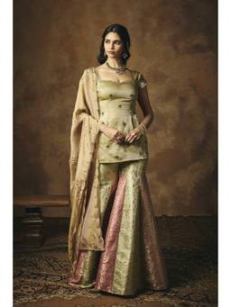 Saanjh by Lea - Olive Chandrika Banarasi Kurta With Sharara And Dupatta