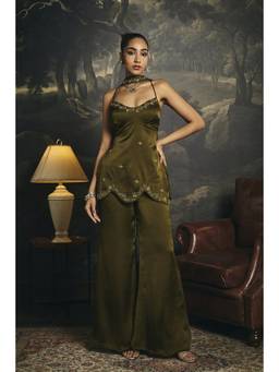Saanjh by Lea - Chaaya Olive Embroidered Y2K Top With Sharara And Dupatta