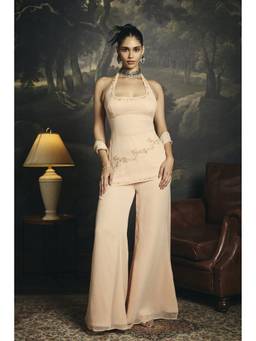 Saanjh by Lea - Poornima Pink Embroidered Halter Y2K Kurta With Palazzo