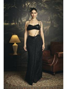 Saanjh by Lea - Nyra Black Embroidered Tassel Pre-Draped Saree With Stitched Blouse