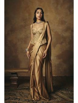 Saanjh by Lea - Padmini Gold Hand Embroidered Pre-Draped Saree With Corset