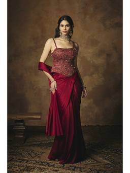 Saanjh by Lea - Lohita Burgundy Embroidered Pre-Draped Saree With Corset