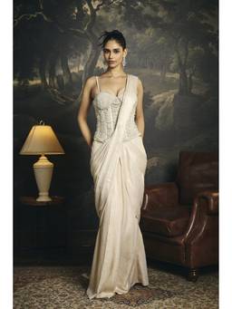 Saanjh by Lea - Mrinmayi White Pearl Hand Embroidered Pre-Draped Saree With Corset