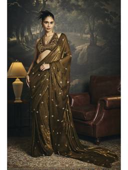 Saanjh by Lea - Kumud Olive Hand Embroidered Pre-Draped Saree With Stitched Blouse
