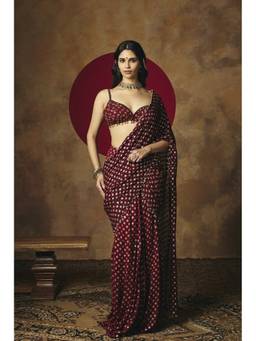 Saanjh by Lea - Revya Burgundy Banarasi Pre-Draped Embroidered Saree With Stitched Blouse