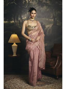 Saanjh by Lea - Anvitha Pink Organza Embroidered Pre Draped Saree With Stitched Blouse