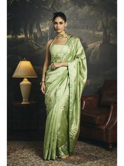 Saanjh by Lea - Pallavi Sage Green Raw Mango Banarasi Silk Pre-Draped Saree With Corset