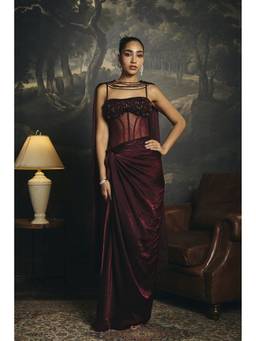 Saanjh by Lea - Alisha Burgundy Pre-Draped Saree With Corset