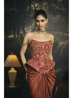 Saanjh by Lea - Ragini Rust Orange Embroidered Corset Blouse