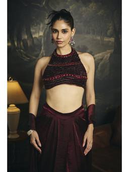 Saanjh by Lea - Mahira Burgundy Hand Embroidered Halter Blouse