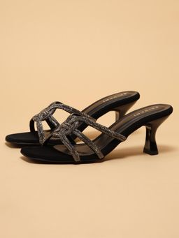 ERIDANI - Avira Black Embellished Sandal Heels