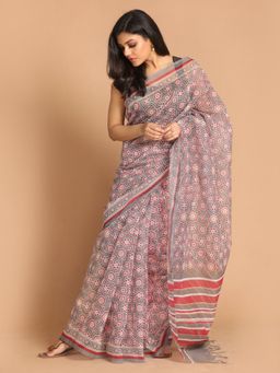 Indethnic - Grey Printed Super Net Saree with Unstitched Blouse