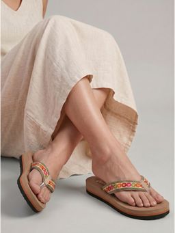 DENILL - Women Embroidered Strap Beige Sandals