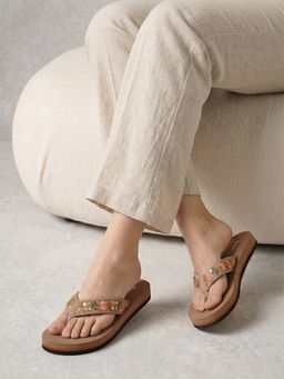 DENILL - Women Floral Embroidered Strap Yellow Sandals