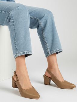 DENILL - Women Taupe Slingback Pointed Toe Heels