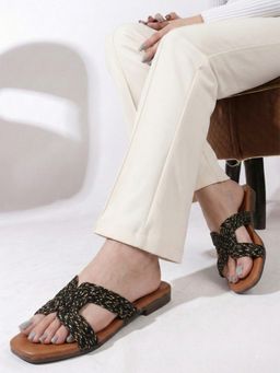 DENILL - Women Black Woven Strap Slip-On Flats