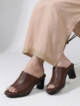 DENILL - Women Brown Square Toe Slip-On Heels