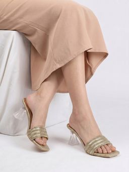 DENILL - Women Rhinestone Multi Band Gold Heels
