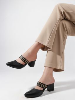 DENILL - Women Black Studded Block Heel Mules