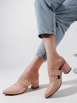 DENILL - Women Peach Studded Block Heel Mules