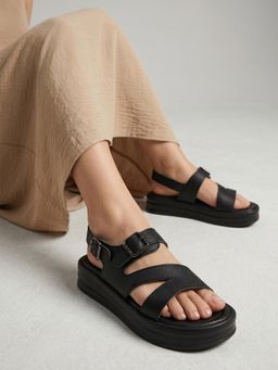 DENILL - Women Black Sandals with Buckle Straps