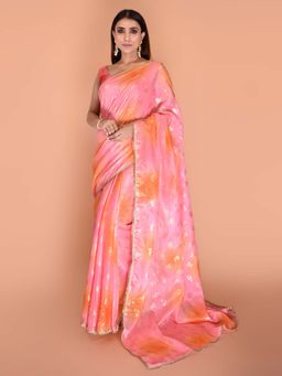 Indi Inside - Pink Orange Printed Saree Embellished with Unstitched Contrast Blouse