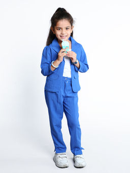 Mini Stitch - Royal Blue Girls Solid Co-Ord (Set of 3)