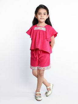 Mini Stitch - Pink Girls Stylish Embroidered Co-Ord (Set of 2)
