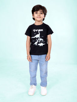 KiddoPanti - Mustard Boys T-Rex Dinosaur Round Neck T-shirt & Jeans (Set of 2)