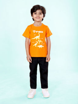 KiddoPanti - Black Boys T-Rex Dinosaur Round Neck T-shirt & Jeans (Set of 2)