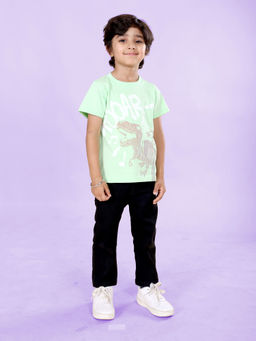 KiddoPanti - Green Boys Roar Dinosaur Print Round Neck T-shirt & Jeans (Set of 2)