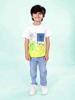 KiddoPanti - Green Boys Cartoon Ombre Print Round Neck T-shirt & Jeans (Set of 2)