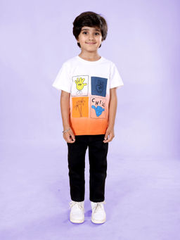 KiddoPanti - Orange Boys Cartoon Ombre Print Round Neck T-shirt & Jeans (Set of 2)
