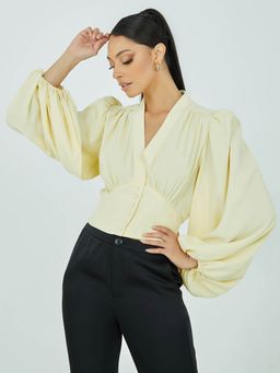 Styli - Yellow Balloon Sleeves V Neck Blouse With Self Covered Button Detail