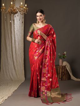 Akhilam - Womens Silk Blend Red Woven Design Designer Saree with Unstitched Blouse