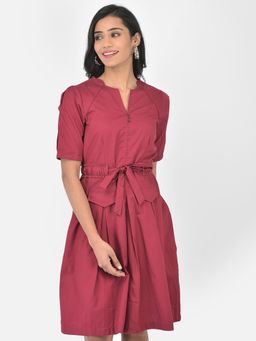 Latin Quarters - Maroon Half Sleeve Twill Solid Dress