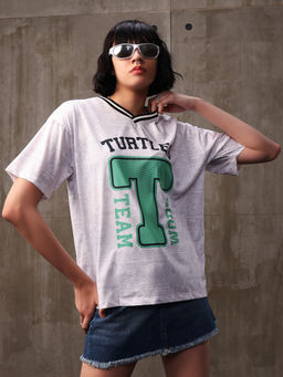 Bewakoof - Teenage Mutant Ninja Turtles Women's White Turtles Jersey Graphic Printed Oversized T-Shirt