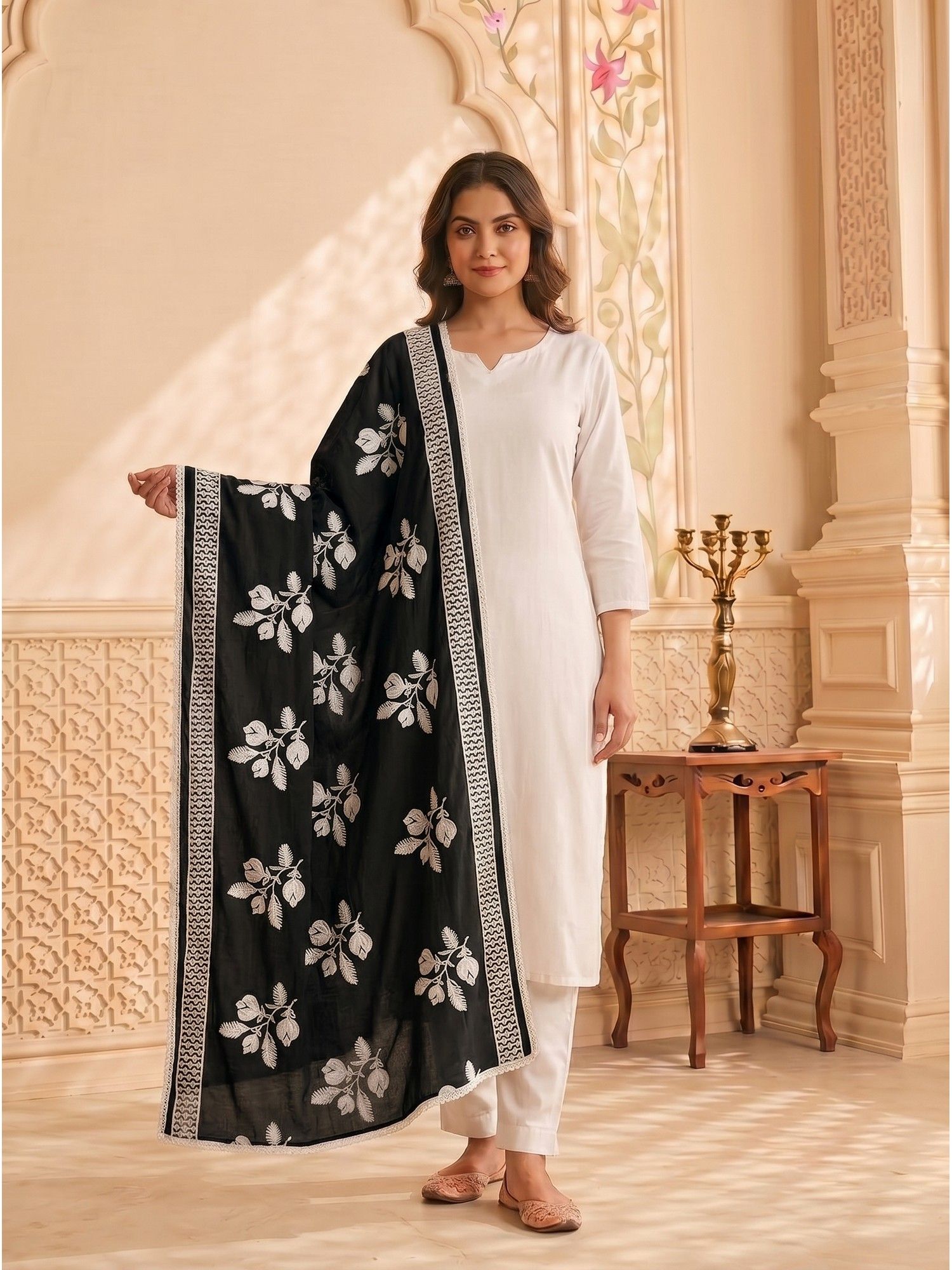 zamour Black Pure Cotton Floral Embroidered Dupatta-picture-33