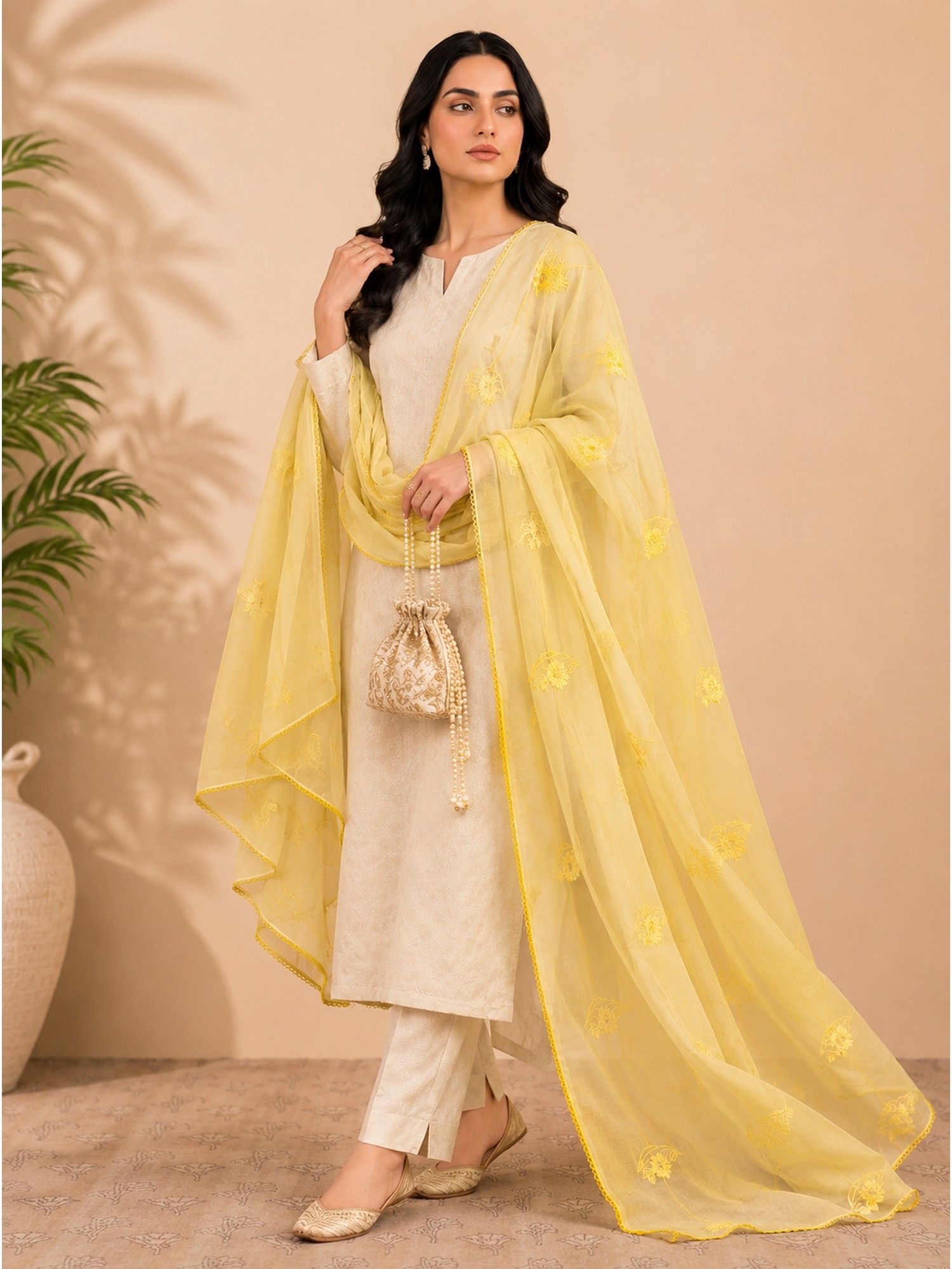 Yellow Self Floral Embroidery Chanderi Cotton Dupatta-image-27