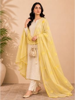 Zamour - Yellow Self Floral Embroidery Chanderi Cotton Dupatta