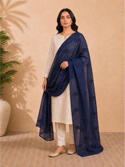 Zamour - Navy Blue Self Floral Embroidery Chanderi Cotton Dupatta