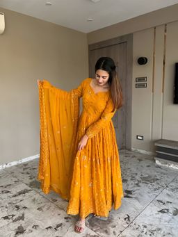 Anveri Textiles - Mustard Georgette Anarkali Kurta and Dupatta