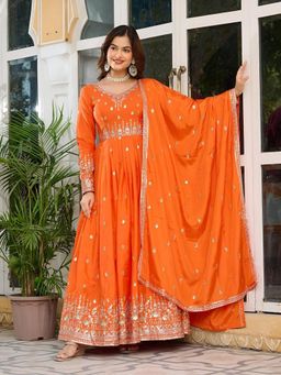 Anveri Textiles - Women'S Orange Silk Embroidered Anarkali Kurta with Dupatta